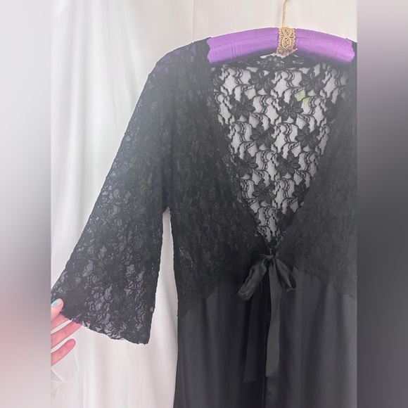 Black Lace Satin Whimsigoth Maxi Length Open Front Bowtie 3/4 Sleeve Robe Size M - Picture 3 of 14